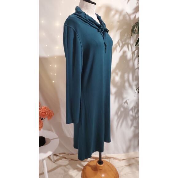 T by Talbots Soft Terry Cowl Neck Shift Dress Womens Sz LP Teal Blue Comfy Cozy - Picture 3 of 9